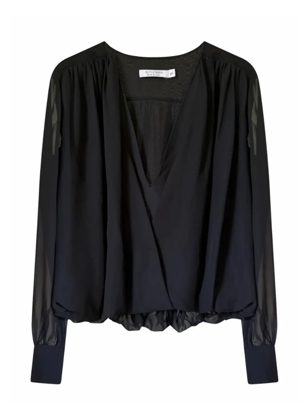 Altuzarra Black Draped V-Neck Sheer Long-Sleeve Blouse